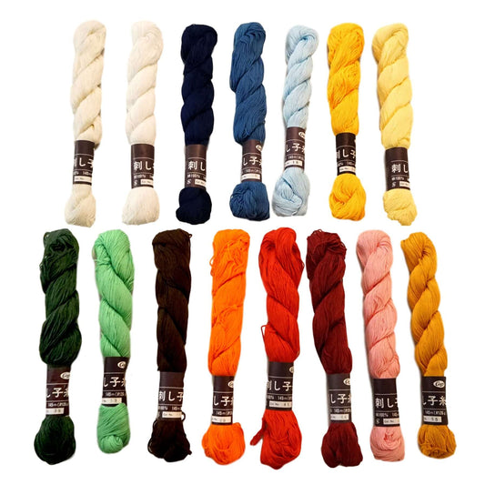 Coron Sashiko Thread in multiple colors laid out in rows, perfect for Japanese mending and sustainable stitching, suitable for beginners.