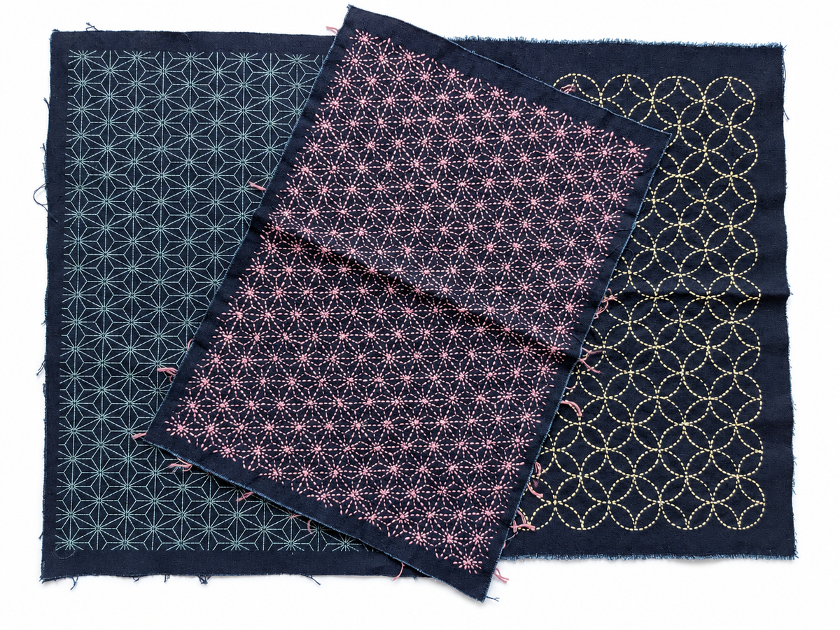 Ready-to-Stitch Sashiko Practice Fabric | Indigo Cotton | Asanoha or Shippou