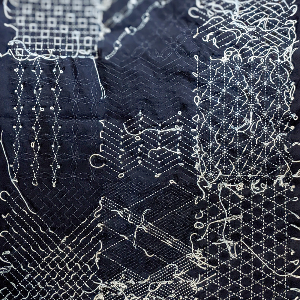 Sashiko Fabric with Keiko Design Pattern showcasing 9 traditional geometric patterns ready for stitching.