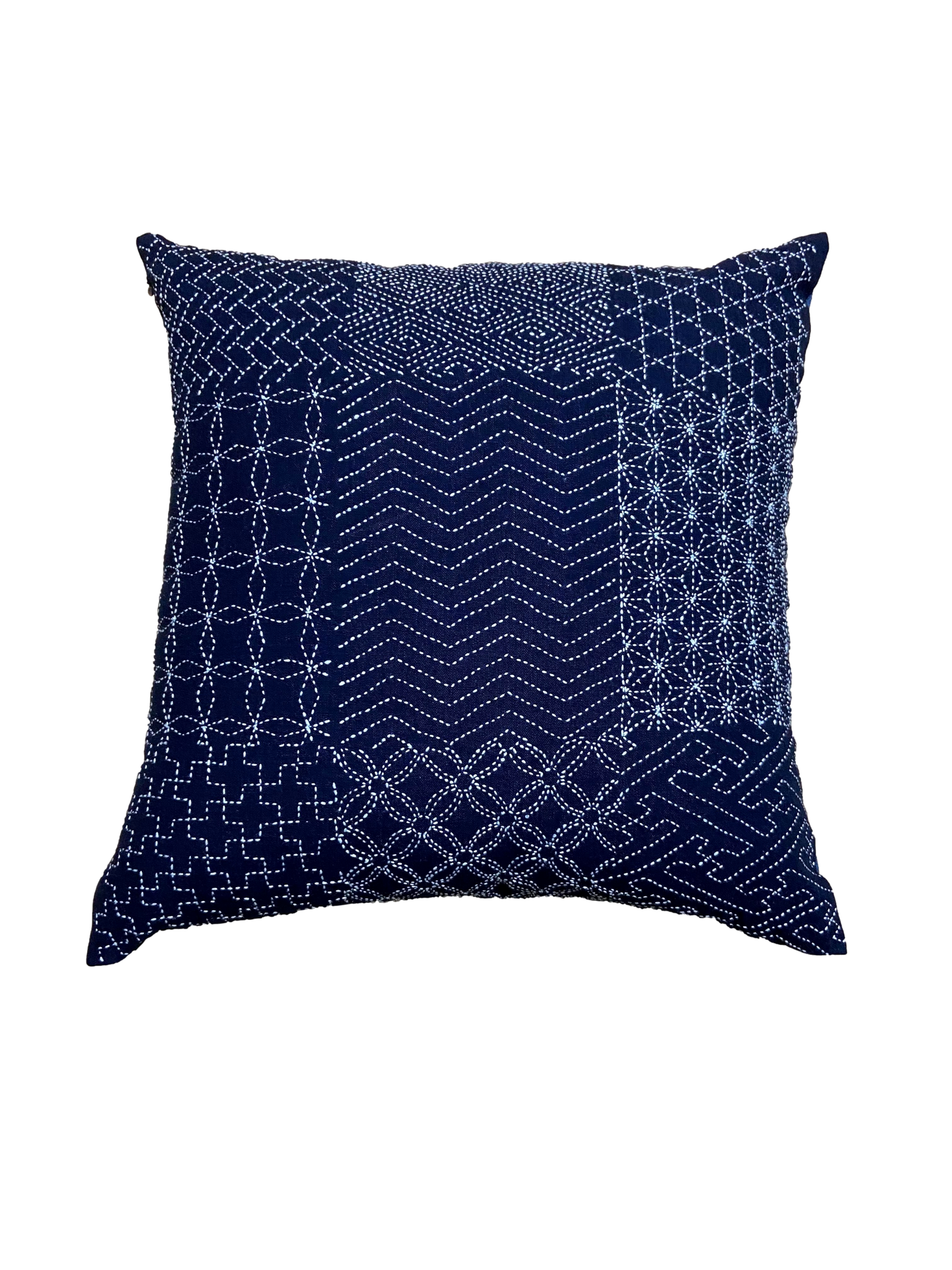 Sashiko Fabric Pillow with Keiko Design Pattern and Traditional Geometric Patterns in Blue