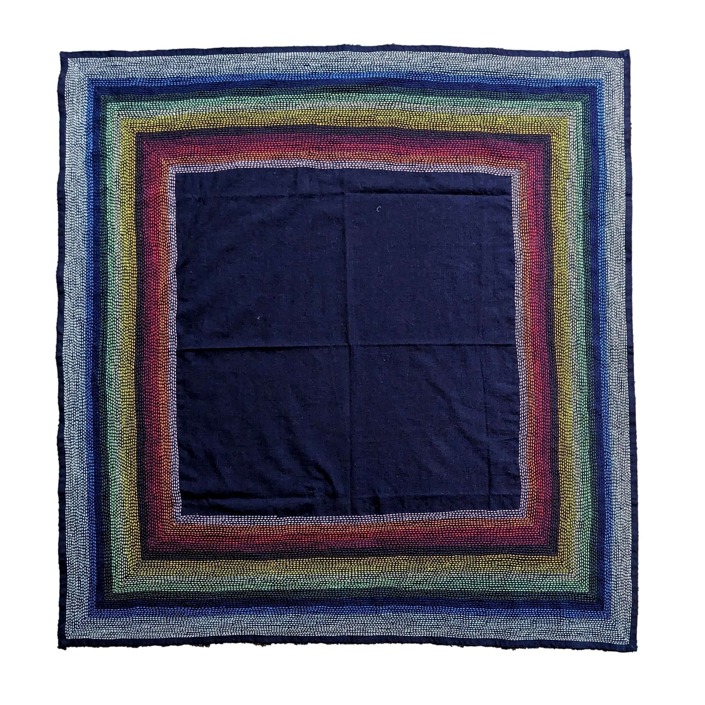 Authentic Sashiko Furoshiki with continuous rhythmic stitches in 15 vibrant colors on fabric, creating beautiful interconnected lines.