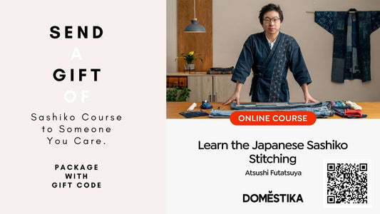 Gift a Sashiko course on Japanese mending and sustainable stitching for beginners with a Domestika gift code.